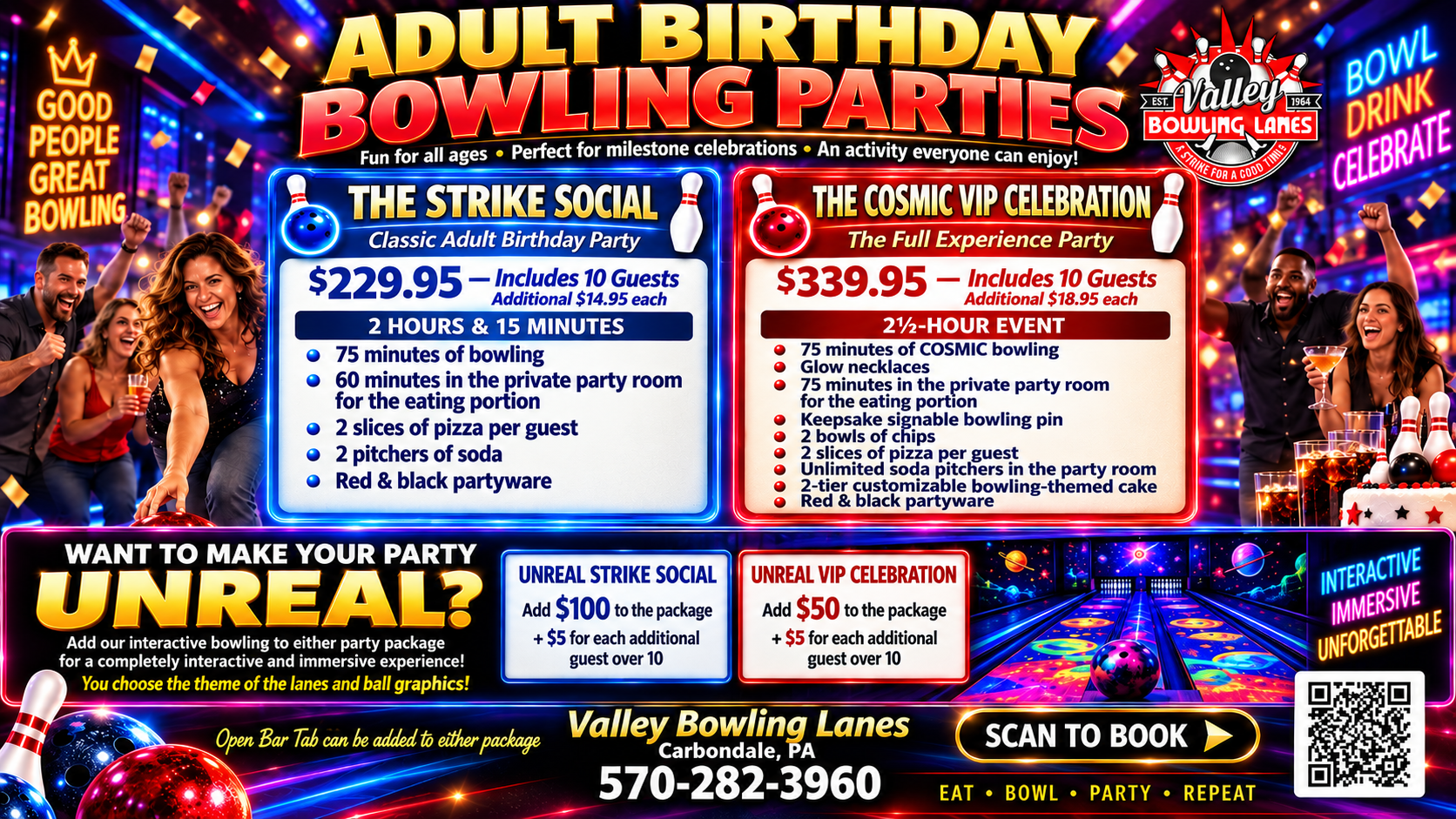 Adult birthday party packages at Valley Bowling Lanes