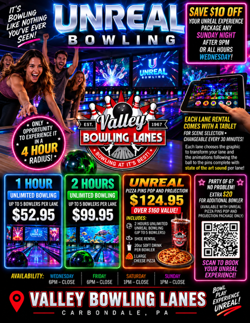 Choose how you want to get UNREAL at Valley Bowling Lanes