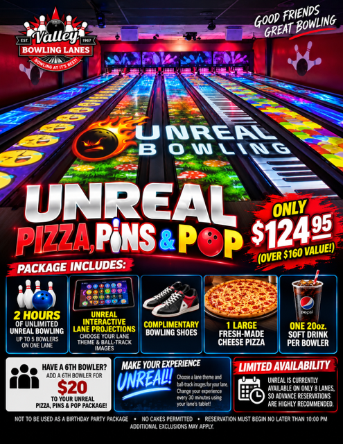 UNREAL Pizza, Pins and Pop at Valley Bowling Lanes
