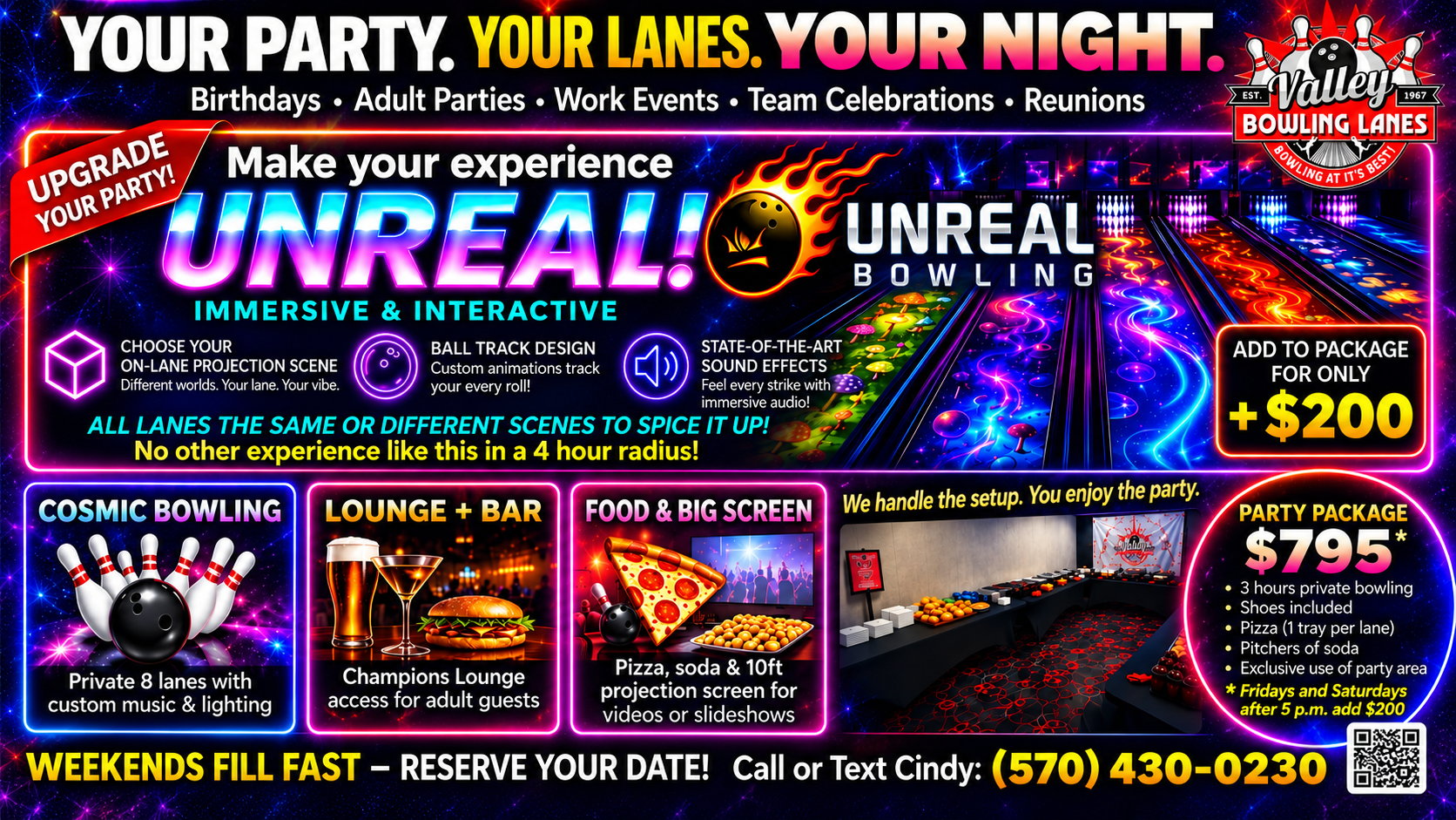 Private 8-lane UNREAL event space at Valley Bowling Lanes